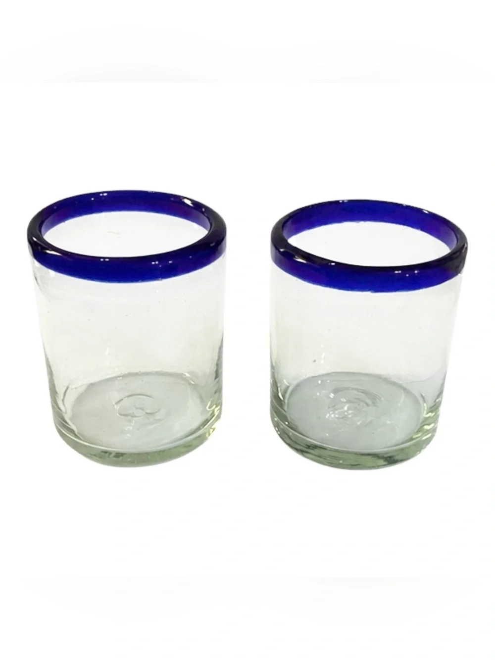 Set of 2 Hand Blown Mexican Glass Tumblers Cobalt Blue Rim Recycled Glass